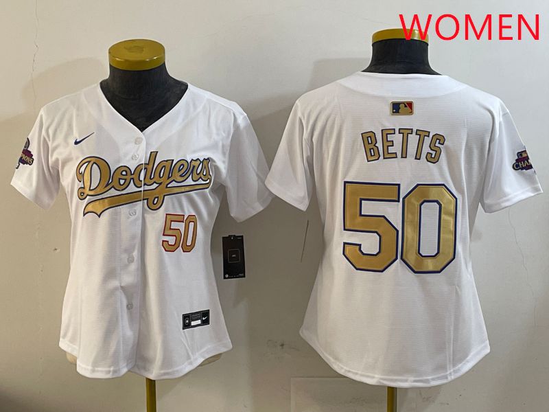 Women Los Angeles Dodgers 50 Betts White Champion gold character 2025 Nike MLB Jersey style 409